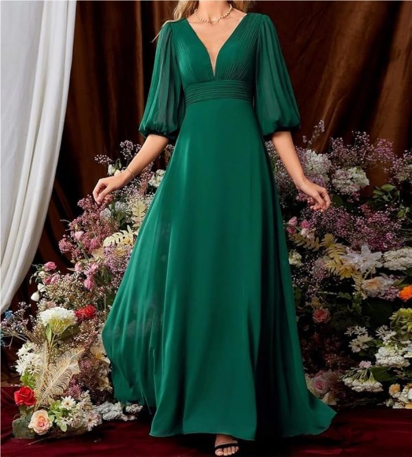 Women’S Dress Ruched Plunging V Neck Bridesmaid Short Sleeve Slim Chiffon A Line Dresses for Evening Party