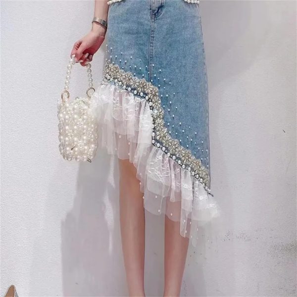 Heavy Industry Pearl Beading Lace Splicing Irregular Hem Jean Skirt Women Summer Korea Denim Skirt