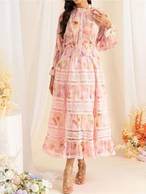 Women Vintage Printing High Waist Dress Party Vacation Beach Sundress Flowy Midi Bohemian Casual Dresses