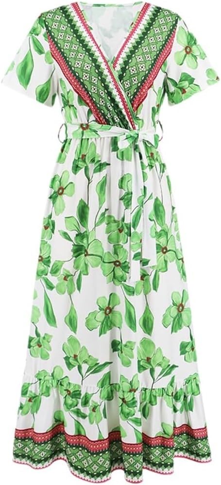 Bohemian Print Long Dress Women Summer Sexy Deep V Neck Beach Dress Casual Vacation Maxi Dress(Green,Small)