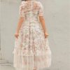 Women's Floral Printed Mesh Dress Round Neck High Waist Layer Tiered Maxi Beach Party Dresses