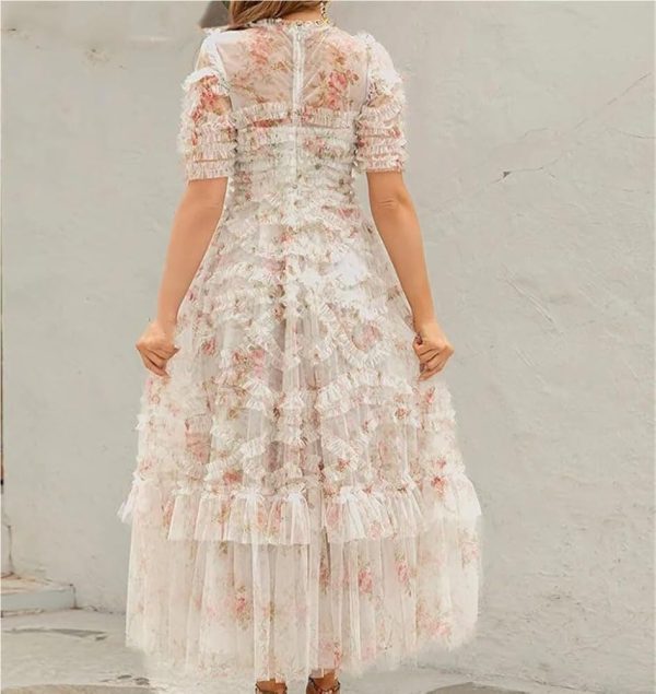 Women's Floral Printed Mesh Dress Round Neck High Waist Layer Tiered Maxi Beach Party Dresses