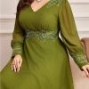 Women's Plus Size Embroidery Patchwork High Waist Maxi Dress V-Neck Lantern Sleeve Loose Fit Party Dresses