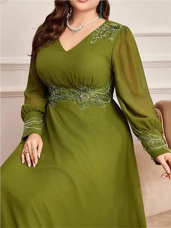 Women's Plus Size Embroidery Patchwork High Waist Maxi Dress V-Neck Lantern Sleeve Loose Fit Party Dresses