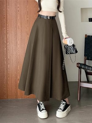 Women Elegant Suit A-Line Long Skirt for Fall Korean Style Work OL Office Big Swing Long Skirts