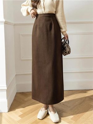 Women Vintage Solid Bodycon Split Wrap Wool Skirt Straight Retro High Waist Long Winter Skirts