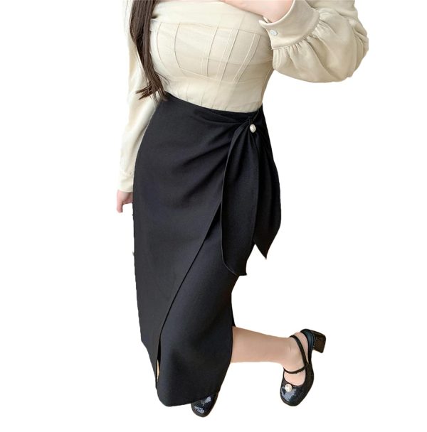 Women's Summer Irregular Skirt with Lace Bow High Waist Elegant Office OL Work Fashion Midi Skirts