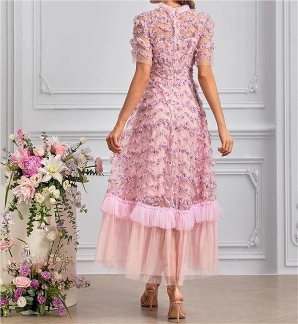 Bohemian Short Sleeve Round Neck Women’s Long Skirt Floral Print Ruffle Net Yarn Dress Casual Summer Elegant Party Dresses