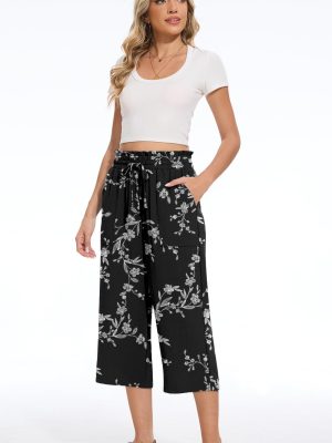 Womens Capri Pants Summer Wide Leg High Waisted Pants Drawstring Casual Trousers with Pockets