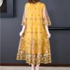 Floral Embroidery Midi Dress Women Natural Silk Summer Light Beach Plus Size Elegant Boho Vacation Maxi Vestidos