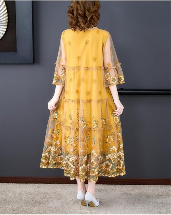 Floral Embroidery Midi Dress Women Natural Silk Summer Light Beach Plus Size Elegant Boho Vacation Maxi Vestidos