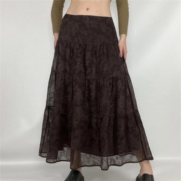 Women Mesh A-Line Long Skirt Vintage Y2K High Waist Loose Elegant Fairy Maxi Skirts