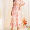 Women Vintage Printing High Waist Dress Party Vacation Beach Sundress Flowy Midi Bohemian Casual Dresses