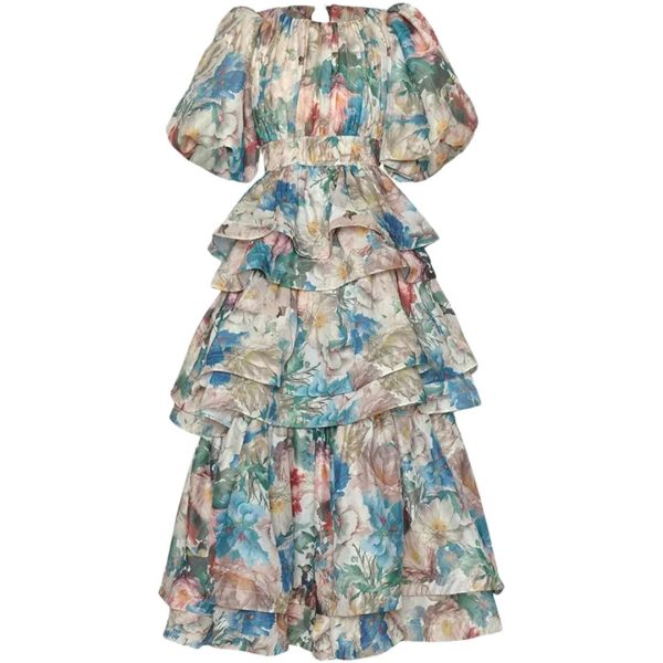 Women Runway Designer Puff Sleeve Folds Tiered Ruffles Printing Bohemian Elegant Dress