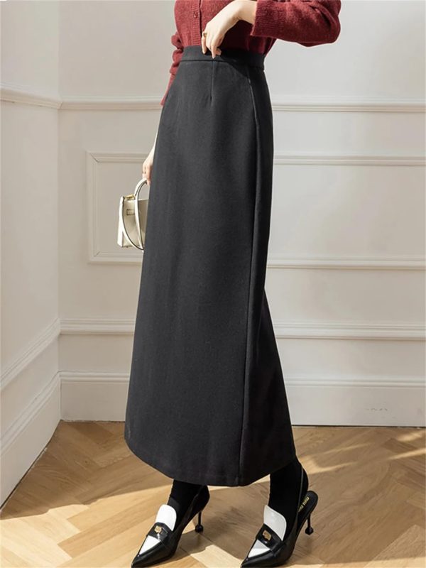 Women Vintage Solid Bodycon Split Wrap Wool Skirt Straight Retro High Waist Long Winter Skirts