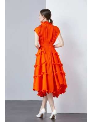 Women's Orange Flowy Pleated Dress Ruffled Hem Chiffon Maxi Summer Boho Dresses