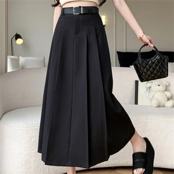 Women Mid Length Skirt High Waist A-Line Large Swing Umbrella Skirt OL Knee Length Suit Pleated Long Skirt