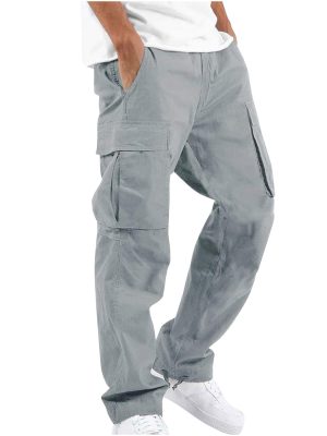 Men Solid Casual Multiple Pockets Outdoor Straight Type Fitness Pants Cargo Pants Trousers, 01-gray, 5X-Large