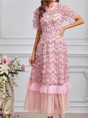 Bohemian Short Sleeve Round Neck Women’s Long Skirt Floral Print Ruffle Net Yarn Dress Casual Summer Elegant Party Dresses