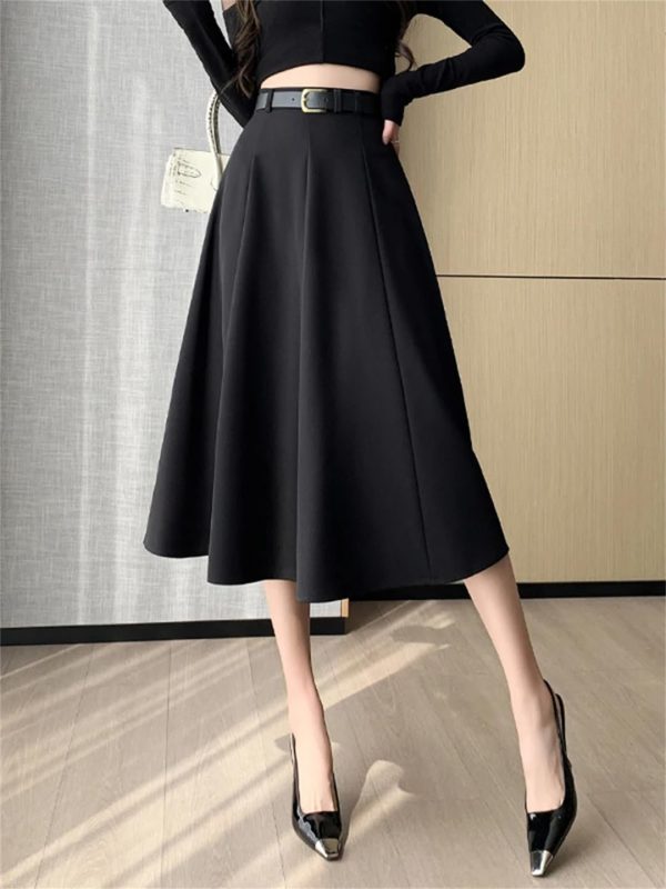 Women's Elegant Office OL Loose A-Line Skirt with Belt Big Swing Midi Skirts