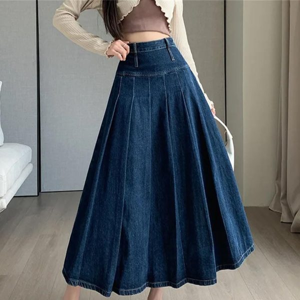 Women Pleated Jeans Skirts Vintage High Waist Long Washing Straight Loose Denim Midi Skirts