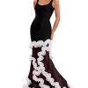 Women 3D Flower Ruffles Patchwork Sling Sexy Backless Slim Long Maxi Dress