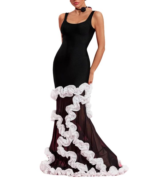 Women 3D Flower Ruffles Patchwork Sling Sexy Backless Slim Long Maxi Dress
