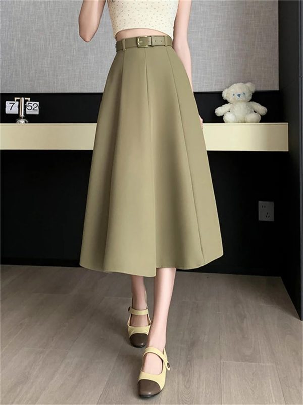 Women's Elegant Office OL Loose A-Line Skirt with Belt Big Swing Midi Skirts