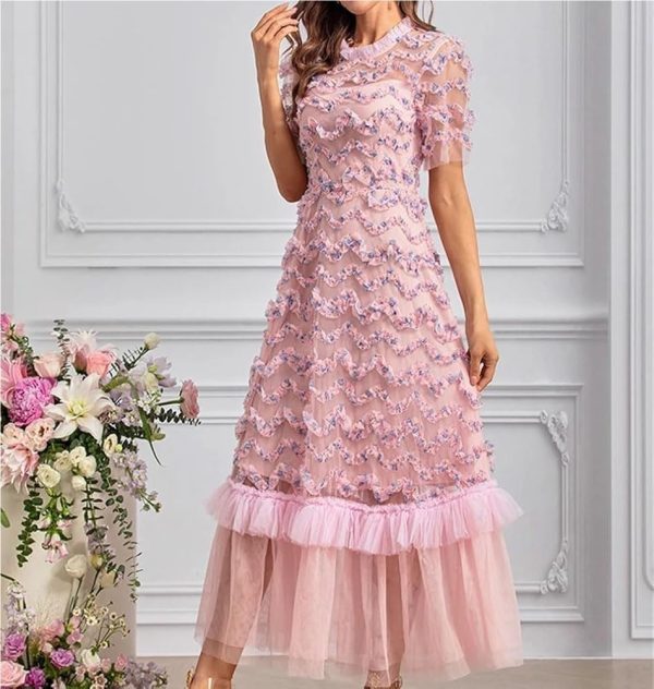 Bohemian Short Sleeve Round Neck Women’s Long Skirt Floral Print Ruffle Net Yarn Dress Casual Summer Elegant Party Dresses