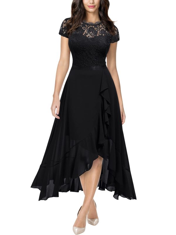 Women's Retro Lace Contrast Chiffon Ruffle Evening Maxi Dress
