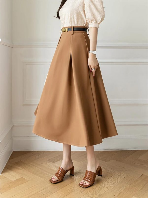 Women's A-Line Skirt with Belt High Waist Loose Office OL Big Swing Midi Skirts