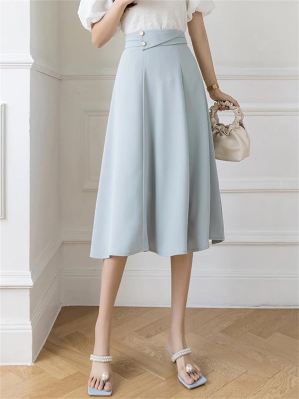 Women Elegant High Waist Office Wear A-Line Maxi Skirts Blue Black EN8 Falda Midi Long Skirt