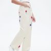 Womens Embroidered Corduroy Pants Casual Winter Straight Leg Elastic Waist Vintage Trousers with Pockets
