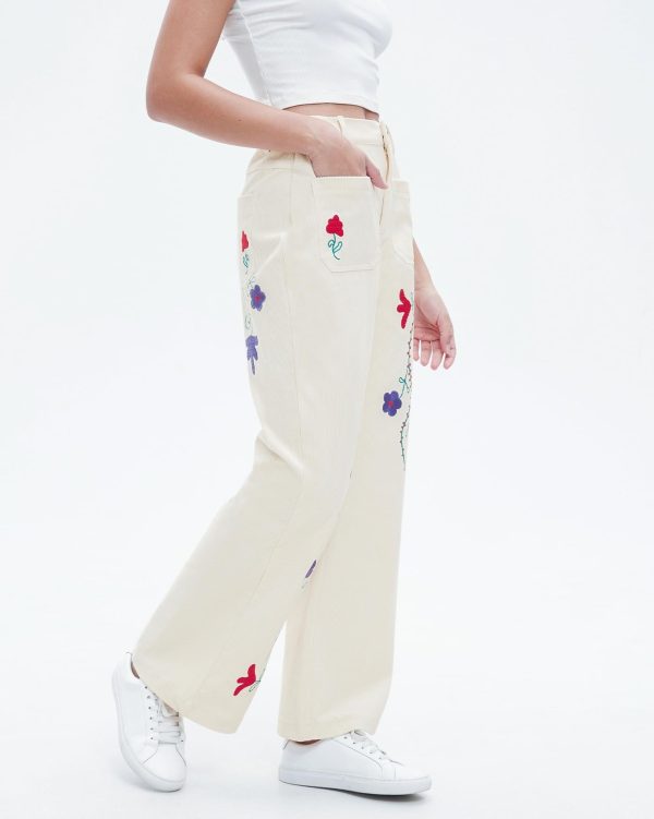 Womens Embroidered Corduroy Pants Casual Winter Straight Leg Elastic Waist Vintage Trousers with Pockets