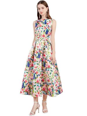 Women Runway Patchwork Jacquard Midi Long Sleeveless Office Work Wear Dress