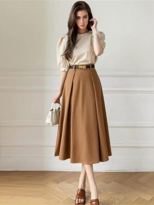 Women's A-Line Skirt with Belt High Waist Loose Office OL Big Swing Midi Skirts