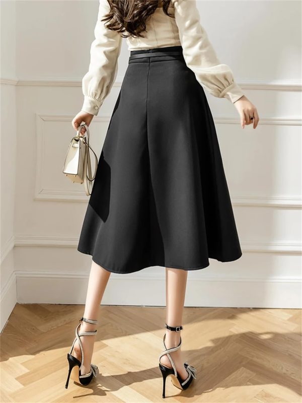 Women's High Waist A-Line Skirt with Belt Office Work OL Big Swing Midi Skirts
