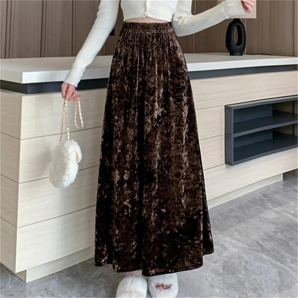 Womens Fleece A-Line Long Skirts Elegant Solid Color High Waist Mid Length Skirts