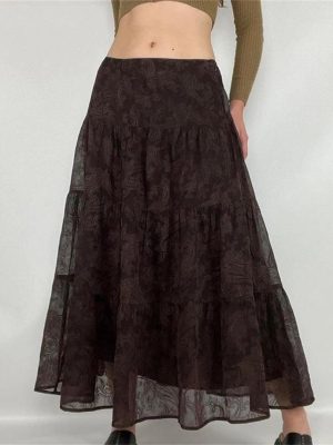 Women Mesh A-Line Long Skirt Vintage Y2K High Waist Loose Elegant Fairy Maxi Skirts