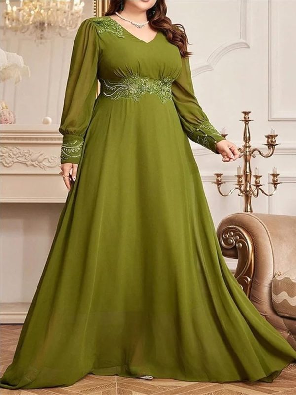 Women's Plus Size Embroidery Patchwork High Waist Maxi Dress V-Neck Lantern Sleeve Loose Fit Party Dresses