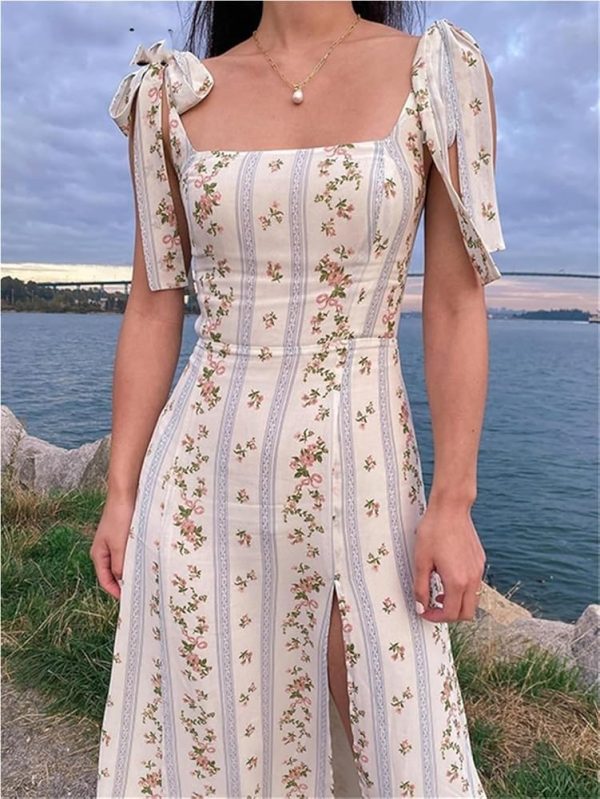 Boho Midi Dress Women Summer Floral Vintage Sleeveless Sundress Lace Up Strapy Slip Dress Beach Party Casual Vestidos