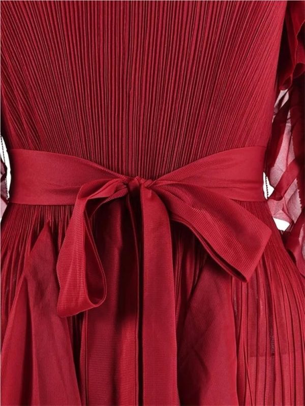 Women's Party Dress Maxi Ruffles Pleated Round Neck Flare Sleeves Solid Lace Up Dress