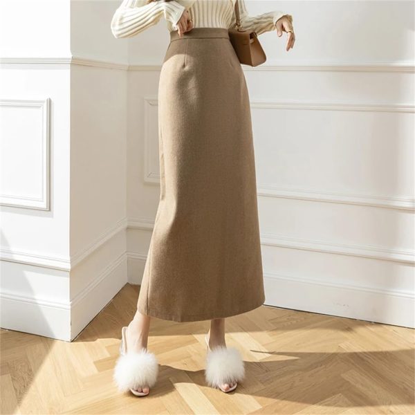 Women Vintage Solid Bodycon Split Wrap Wool Skirt Straight Retro High Waist Long Winter Skirts