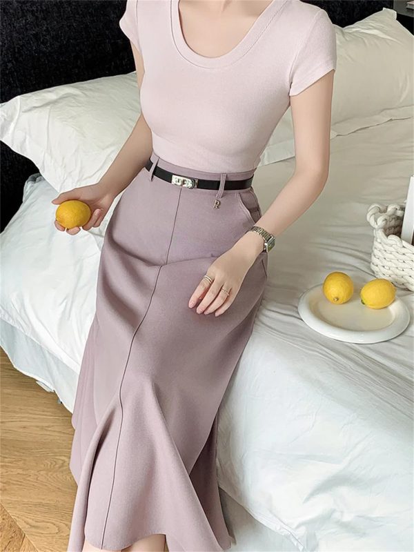 Women's Summer Long Skirt with Belt High Waist Elegant Office OL Big Swing Midi A-Line Skirts