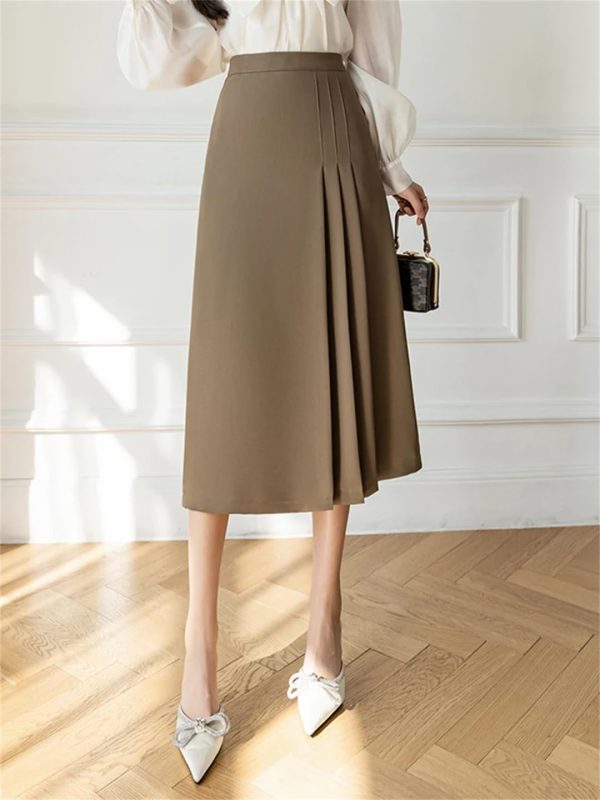 Women Vintage Solid High Waist Long Pleated Skirt Elegant Office Wear A-Line Ladies Skirts