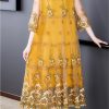 Floral Embroidery Midi Dress Women Natural Silk Summer Light Beach Plus Size Elegant Boho Vacation Maxi Vestidos