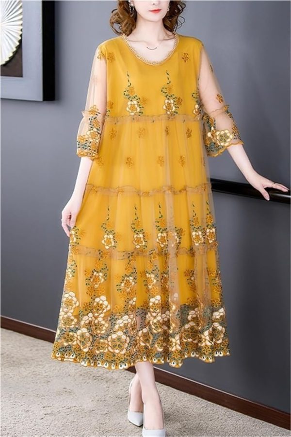 Floral Embroidery Midi Dress Women Natural Silk Summer Light Beach Plus Size Elegant Boho Vacation Maxi Vestidos