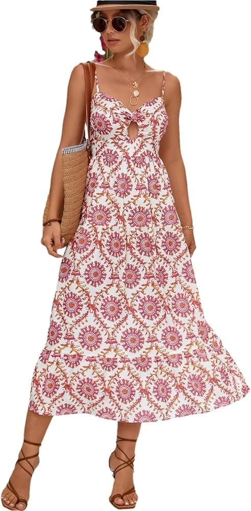 Bohemian Floral Sundress Women Sleeveless Strap Dress with Bowknot Folds Cut Out Summer Beach Casual Maxi Dress