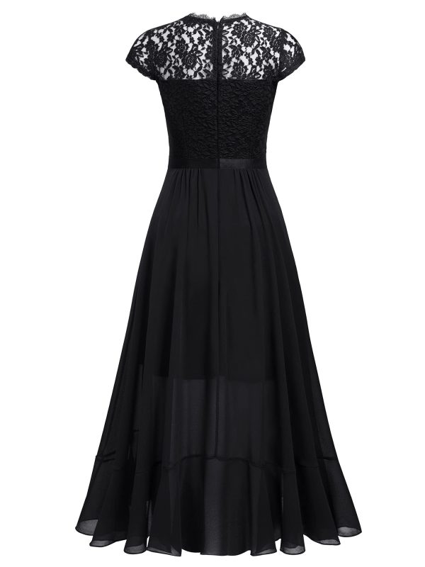 Women's Retro Lace Contrast Chiffon Ruffle Evening Maxi Dress