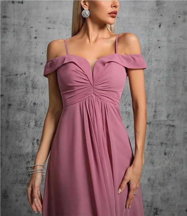 Women's One-Shoulder V-Neck Evening Dress Pleated Chiffon Long Ball Gown Party Formal Wear